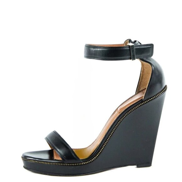 Givenchy Leather Zipper Trim Platform Ankle Strap Wedge Sandals 37.5 US 7 $1245 - Picture 1 of 11